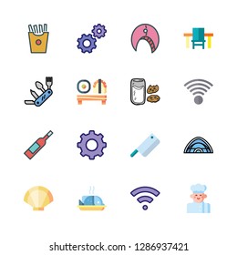 restaurant icon set. vector set about table, wine bottle, fish and settings icons set.