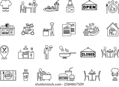 Restaurant Icon Set. Vector Illustrations Food, Chef, Service, Fast Food, Food Preparation, Kitchen, Waiter, Menu, Food Delivery, Cook, Cafeteria, Table and Others