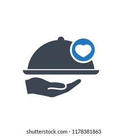 Restaurant icon, Tray on the hand concept icon with heart sign. Restaurant icon and favorite, like, love, care symbol