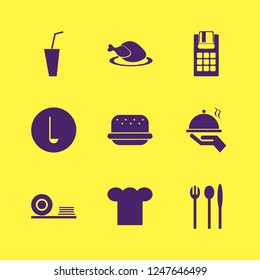 restaurant icon. restaurant vector icons set chef cap, pos terminal, burger and plates shelf