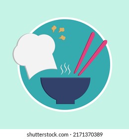Restaurant icon vector illustration with chef's hat, bowl and chopsticks.