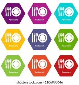 Restaurant icons 9 set coloful isolated on white for web