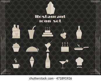 Restaurant icons in art deco style. Cooking and kitchen icons. Vector illustration.