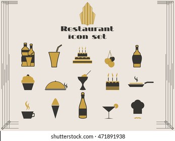 Restaurant icons in art deco style. Cooking and kitchen icons. Vector illustration.