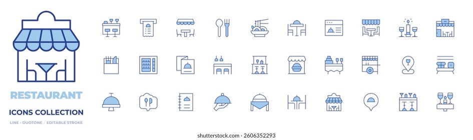 Restaurant icons collection. Line Duotone style, editable stroke. table, pad thai, candle, cutlery, pub, bar, buffet, food tray, placeholder, coffee table, bill, menu.