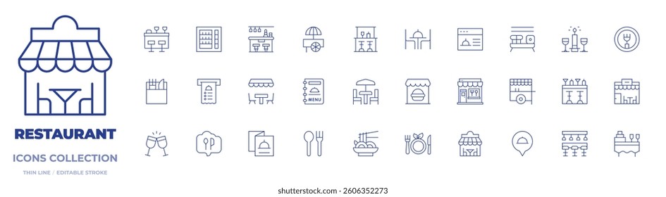 Restaurant icons collection. Thin Line icons, editable stroke. pad thai, candle, bar, bar counter, pub, vegetarian, catering, restaurant, terrace, menu, food cart.