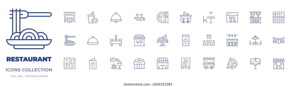Restaurant icons collection. Thin Line icons, editable stroke. wine, tray, table, bar, terrace, reserved, catering, restaurant, restaurant menu