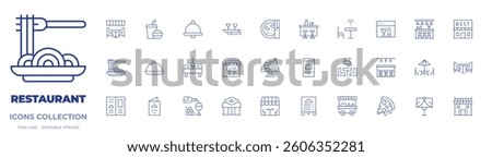 Restaurant icons collection. Thin Line icons, editable stroke. wine, tray, table, bar, terrace, reserved, catering, restaurant, restaurant menu
