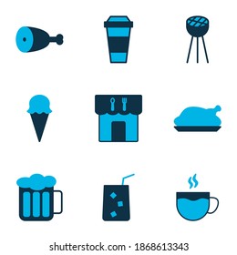 Restaurant icons colored set with bbq, coffee, ice cream and other barbecue elements. Isolated vector illustration restaurant icons.
