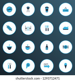 Restaurant icons colored set with no smoking, fork with knife, ice cream and other sundae elements. Isolated vector illustration restaurant icons.
