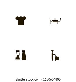 restaurant icons. dining table restaurant, chef cap, chef ladle and salt pepper shaker vector icons set