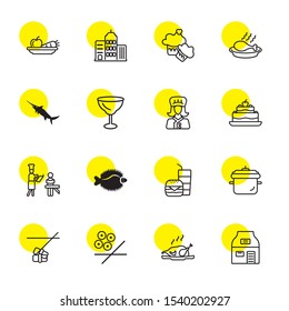 restaurant icons. Editable 16 restaurant icons. Included icons such as Coffee shop, Turkey, Sushi, Pot, Fast food, Flounder, Restaurant, Cake. trendy icons for web.