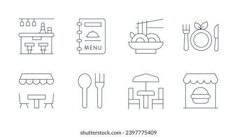 Restaurant icons. Editable stroke. Containing pad thai, bar, vegetarian, restaurant, terrace, menu, cutlery.