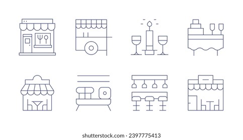 Restaurant icons. Editable stroke. Containing candle, bar counter, catering, restaurant, street food, sushi.