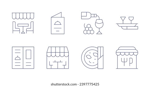 Iconos del restaurante. Trazo editable. Con vino, comida, restaurante, mesa de cena, sopa, menú.