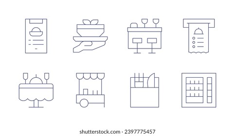 Restaurant icons. Editable stroke. Containing table, cutlery, bill, food and restaurant, recipe, food tray, wedding dinner, food cart.