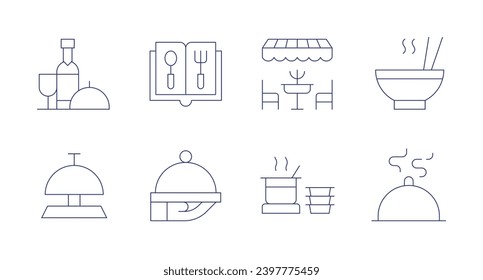 Restaurant icons. Editable stroke. Containing dinner, cooking pot, hot food, restaurant, desk bell, menu, cloche, soup.