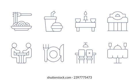 Restaurant icons. Editable stroke. Containing table, dinner table, restaurant, spaghetti, date, burger, food.