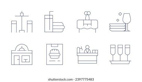 Iconos del restaurante. Trazo editable. Mesa, vajilla, bar, champán, mesa alta, restaurante, comida rápida, pedido de comida.