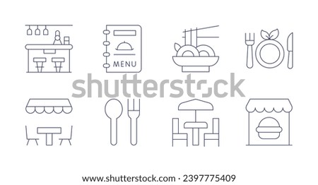 Restaurant icons. Editable stroke. Containing pad thai, bar, vegetarian, restaurant, terrace, menu, cutlery.