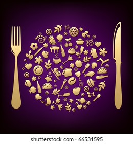 Restaurant Icons In Form Of Sphere With Plug And Knife, Vector Illustration