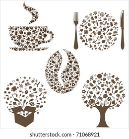 Restaurant Icons In Form Of  Tree, Coffee Grain, Cup, Box And Plate With Plug And  Spoon,  Isolated On White Background, Vector Illustration