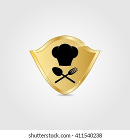 Restaurant Icons with hat, fork and spoon on gold shield. Logo, emblem ,  element for design. Vector illustration with gray background.