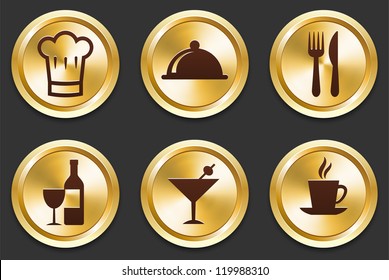Restaurant Icons on Gold Button Collection Original Illustration
