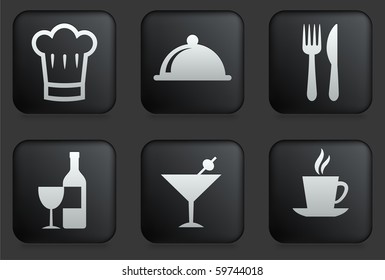 Restaurant Icons on Square Black Button Collection Original Illustration