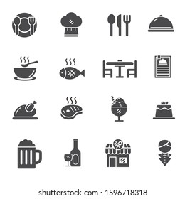 Restaurant icons pack. Black and white style for a set of restaurant related icons such as fork, spoon, plate and more.