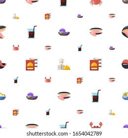 restaurant icons pattern seamless. Included editable flat seafood, chefs dish, crab, drinks, restaurant menu, oyster, seafood soup icons. restaurant icons for web and mobile.