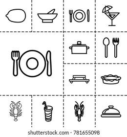 Restaurant icons. set of 13 editable outline restaurant icons such as plate fork and spoon, dish, crab, bowl, lemon, fork and spoon, table, pie, drink, pan