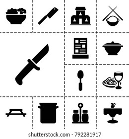 Restaurant icons. set of 13 editable filled restaurant icons such as table, pasta and wine glass, spoon, menu, food, pepper, building, pan, butcher knife, asian food, knife