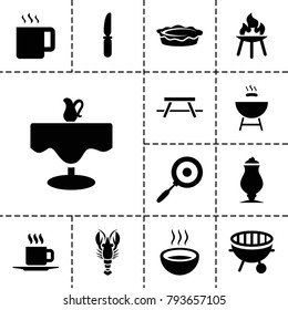 Restaurant icons. set of 13 editable filled restaurant icons such as milkshake, pie, knife, soup, cup, bbq, pan, restaurant table, crab, barbeque, table