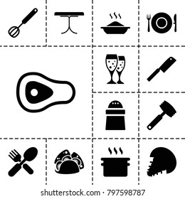 Restaurant icons. set of 13 editable filled restaurant icons such as pan, pepper, taco, fork and spoon, corolla, butcher knife, knife, extinct sea creature, beef