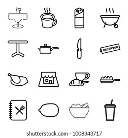 Restaurant icons. set of 16 editable outline restaurant icons such as lemon, burrito, coffee and croissant, knife, table, cup, shop, menu, reserved, chicken, pan, pan-fry