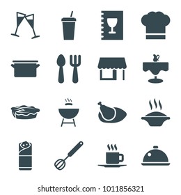 Restaurant icons. set of 16 editable filled restaurant icons such as fork and spoon, soup, burrito, pie, cup, wine glass, chicken, dish, chef hat, menu, corolla