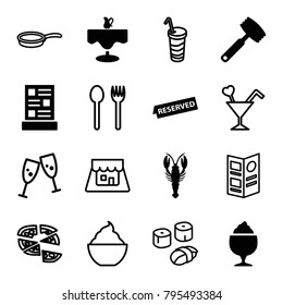Restaurant icons. set of 16 editable filled and outline restaurant icons such as crab, milkshake, menu, reserved, knife, fork and spoon, glasses clink, pizza, drink, cocktail
