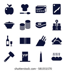 Restaurant icons set. Set of 16 Restaurant filled icons such as napkin, book, pepper, bread, wine glass and bottle, candle, vip door, card, coin, meat, chef hat and spoon, pan
