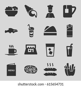 Restaurant icons set. set of 16 restaurant filled icons such as french fries, drink, pizza, burrito, tea cup, cup, sausage, shop, chef, chef hat, menu, food, shell