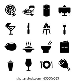 Restaurant icons set. set of 16 restaurant filled icons such as beef, plate fork and spoon, restaurant table, pepper, Cocktail, Lemon, drink, asian food, pasta and wine glass