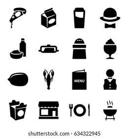 Restaurant icons set. set of 16 restaurant filled icons such as pan, crab, store, drink, lemon, pizza, pepper, milkshake, drink and food, take away food, waiter