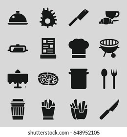Restaurant icons set. set of 16 restaurant filled icons such as pan, restaurant table, french fries, drink, pizza, coffee and croissant, bbq, dish, chef hat, menu, knife