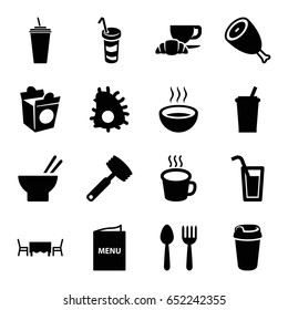 Restaurant icons set. set of 16 restaurant filled icons such as beef, spoon and fork, drink, asian food, coffee and croissant, take away food, soup, cup, menu