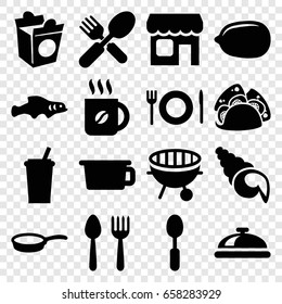 Restaurant icons set. set of 16 restaurant filled icons such as spoon and fork, dish, lemon, coffee, taco, take away food, fork and spoon, bbq, shop, pan, shell, extinct fish
