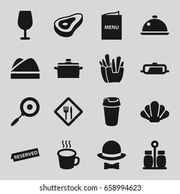 Restaurant icons set. set of 16 restaurant filled icons such as beef, pan, cocktail, french fries, drink, cup, dish, restaurant, chef hat, menu, reserved, pepper, hat and bow