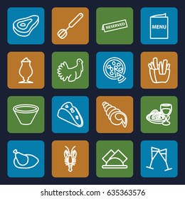Restaurant icons set. set of 16 restaurant outline icons such as crab, beef, taco, french fries, milkshake, pasta and wine glass, wine glass, turkey, pizza, chicken, napkin