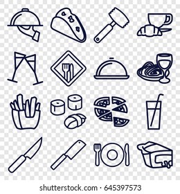 Restaurant icons set. set of 16 restaurant outline icons such as plate fork and spoon, taco, french fries, pizza, coffee and croissant, pie, pasta and wine glass, wine glass