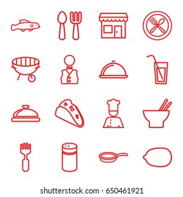 Restaurant icons set. set of 16 restaurant outline icons such as dish, pepper, fork and spoon, lemon, taco, asian food, fork, spoon and fork, bbq, waiter, chef, pan, store