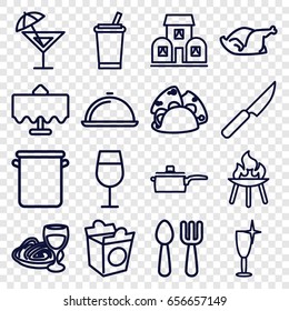 Restaurant icons set. set of 16 restaurant outline icons such as restaurant table, fork and spoon, cocktail, clean wine glass, taco, take away food, pasta and wine glass